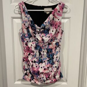 Nicole Miller Artelier Floral Watercolor Linen Rushed Long Top Form Fitted